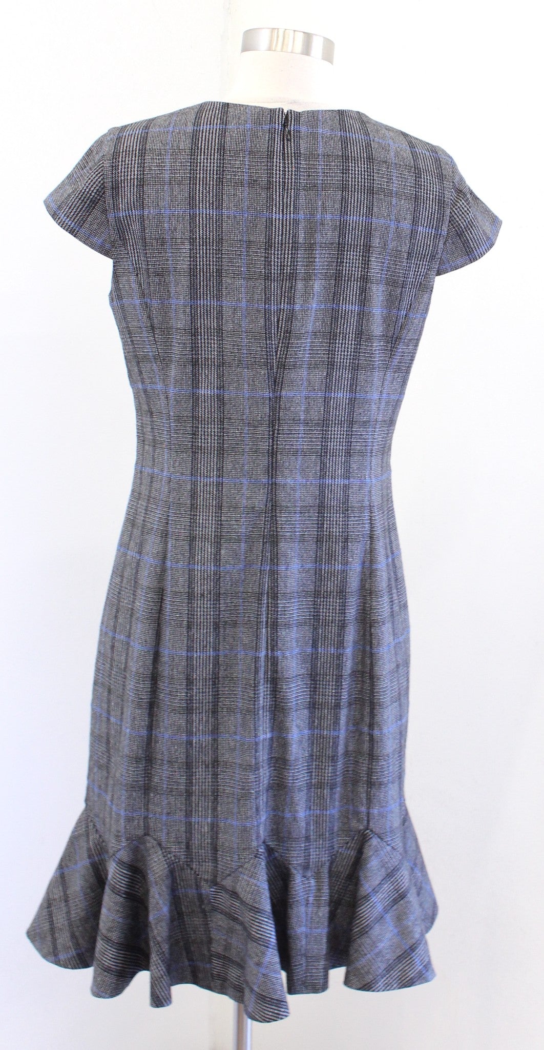 Banana Republic Gray Black Blue Plaid Godet Flounce Hem Sheath Dress Size 8 Wool