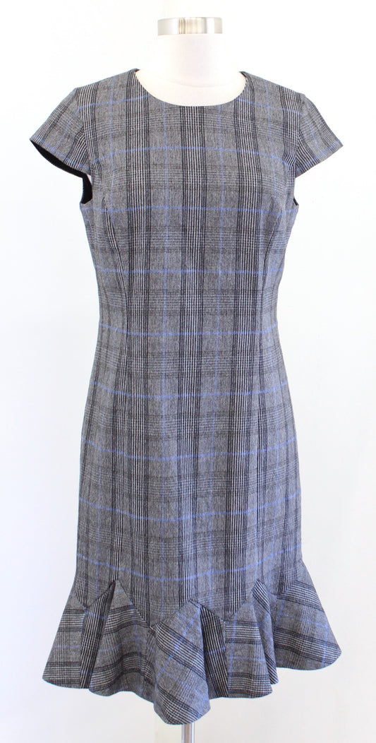 Banana Republic Gray Black Blue Plaid Godet Flounce Hem Sheath Dress Size 8 Wool