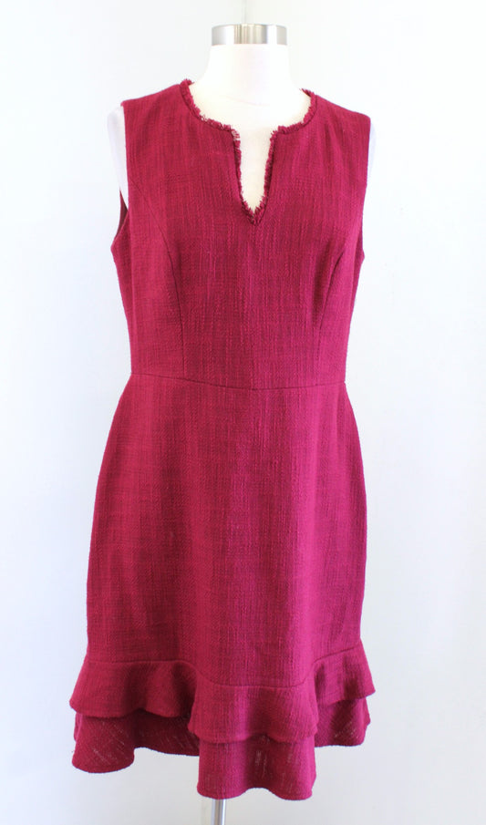 Karl Lagerfeld Wine Red Tweed Fringe Trim Ruffle Flounce Hem Sheath Dress Size 8