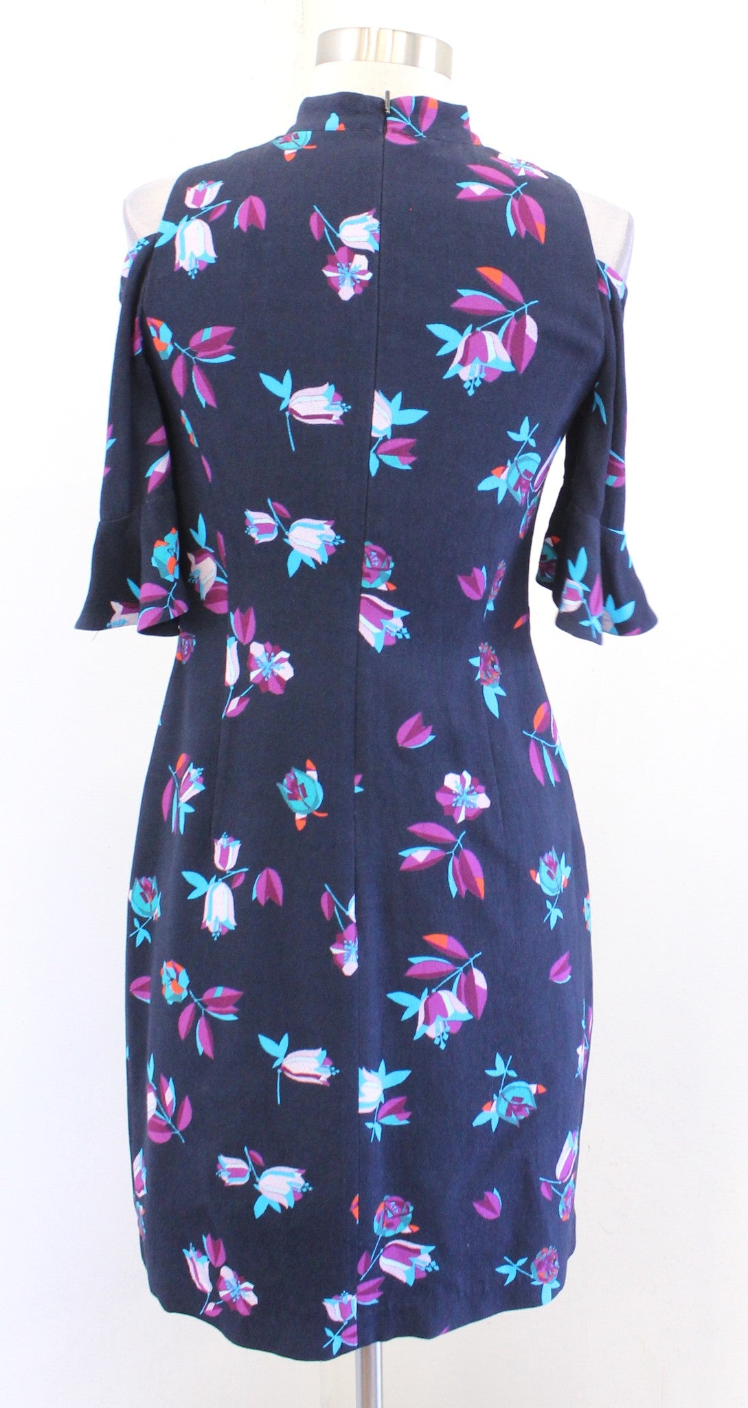 Rebecca Taylor Navy Blue Bellflower Floral Ruffle Cold Shoulder Sheath Dress 0