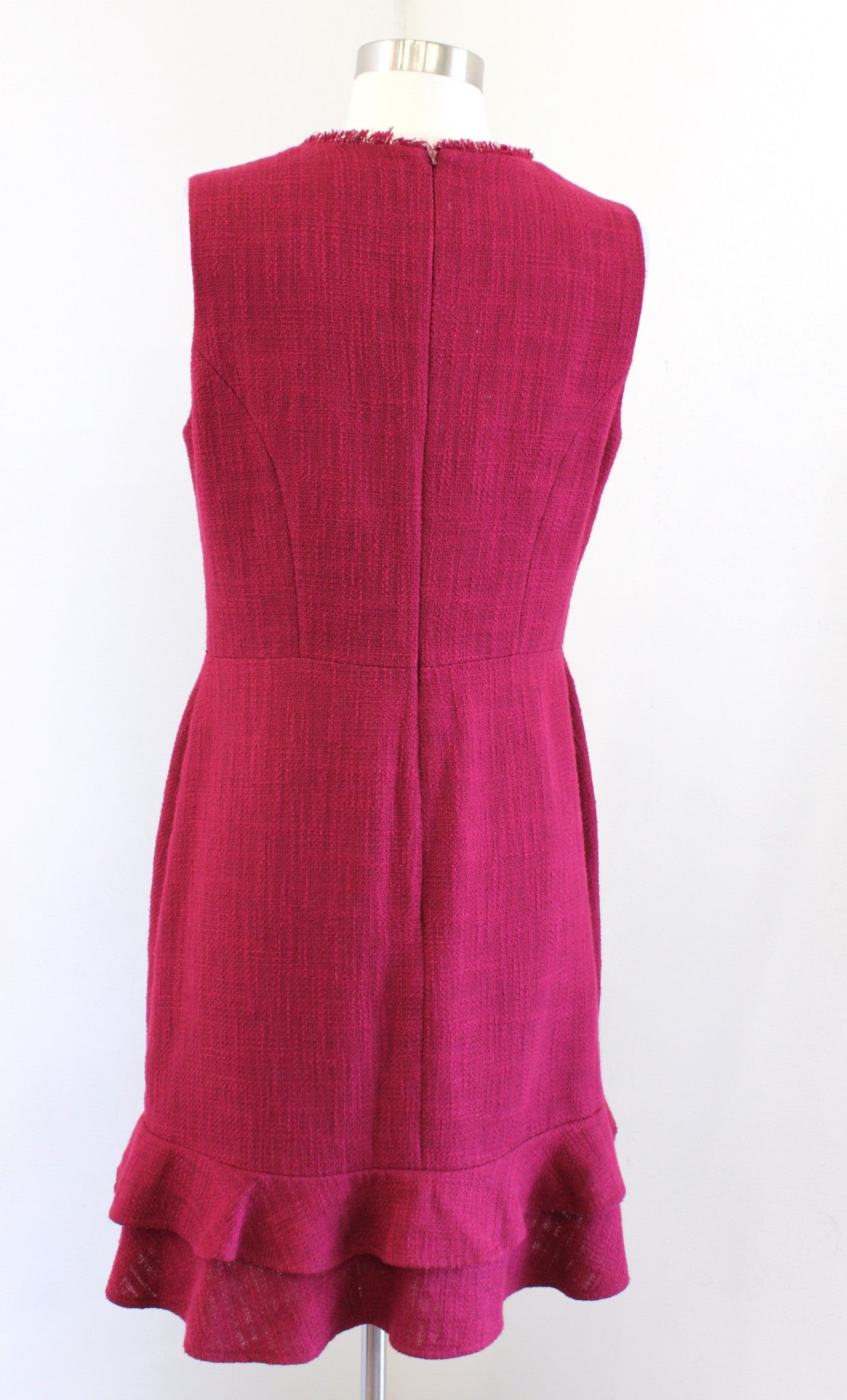 Karl Lagerfeld Wine Red Tweed Fringe Trim Ruffle Flounce Hem Sheath Dress Size 8