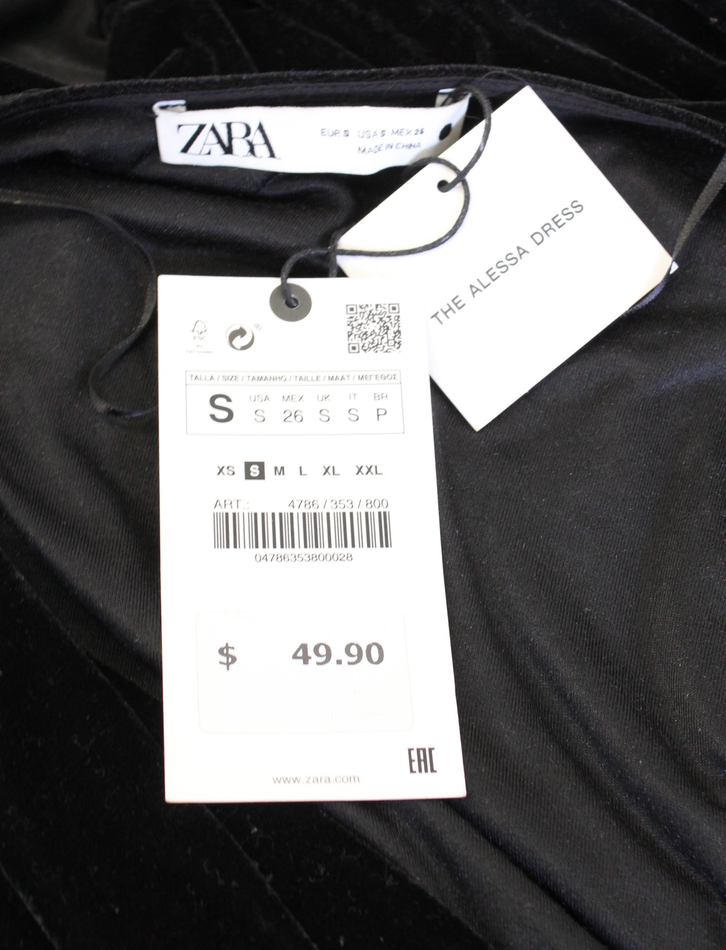 NWT Zara Black Velvet Ruched V Neck Alessa Mini Dress Size S Cocktail Party