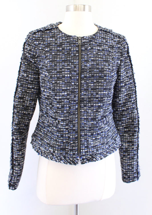 Banana Republic Black Blue Tweed Fringe Trim Cropped Blazer Jacket Zip Front 2