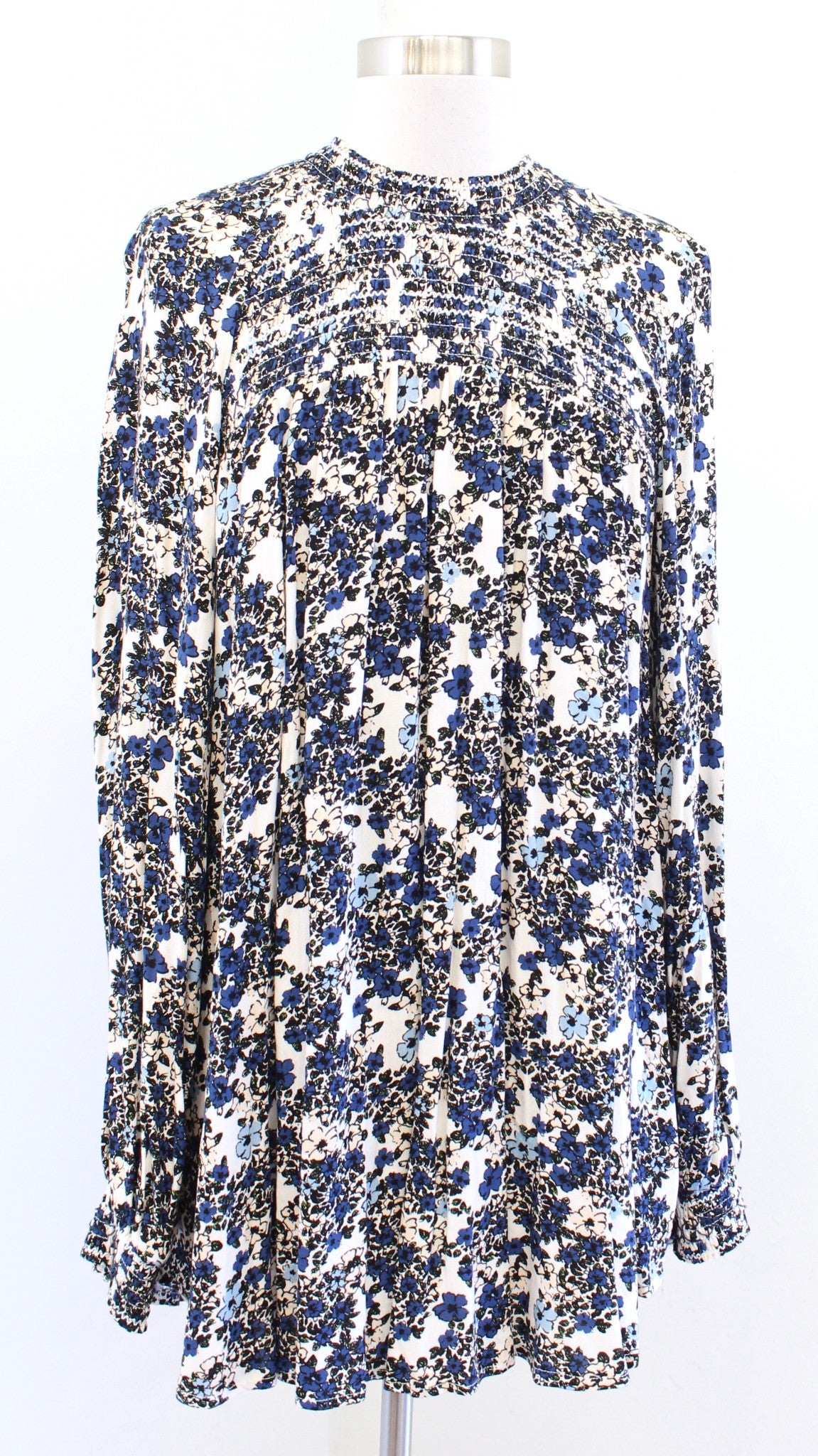 Free People Flowers in Her Hair Floral Smocked Tunic Top Blouse Sz S Cream Blue