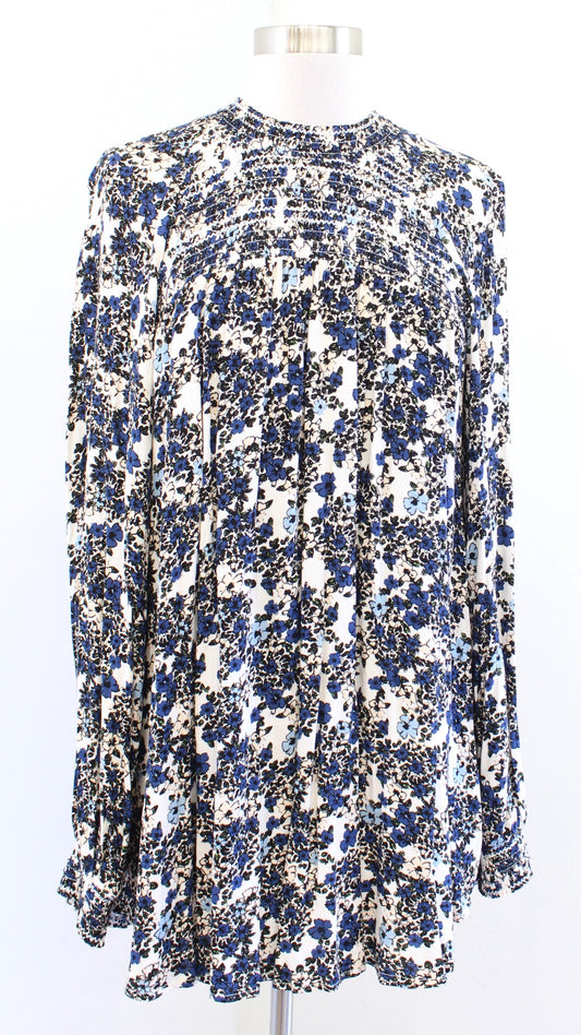 Free People Flowers in Her Hair Floral Smocked Tunic Top Blouse Sz S Cream Blue
