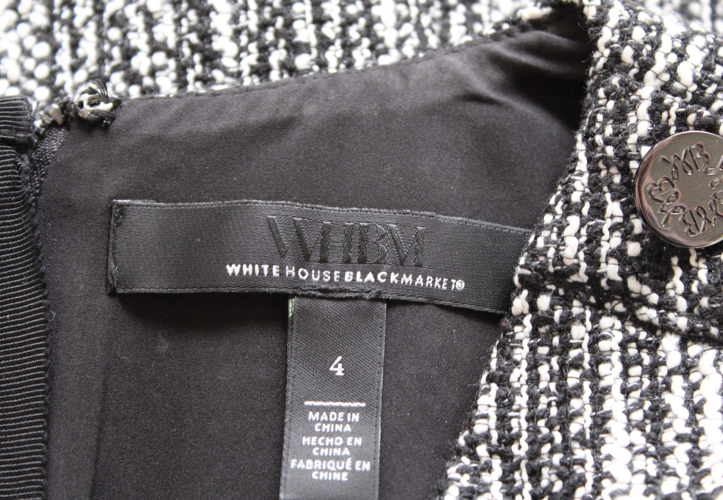 White House Black Market Static Tweed V Neck Sheath Dress Size 4 Button Accent