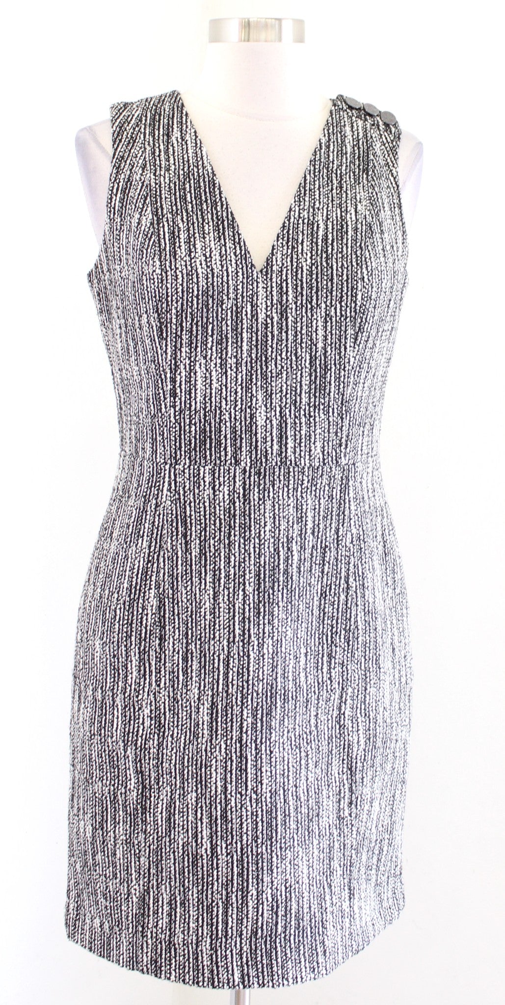 White House Black Market Static Tweed V Neck Sheath Dress Size 4 Button Accent