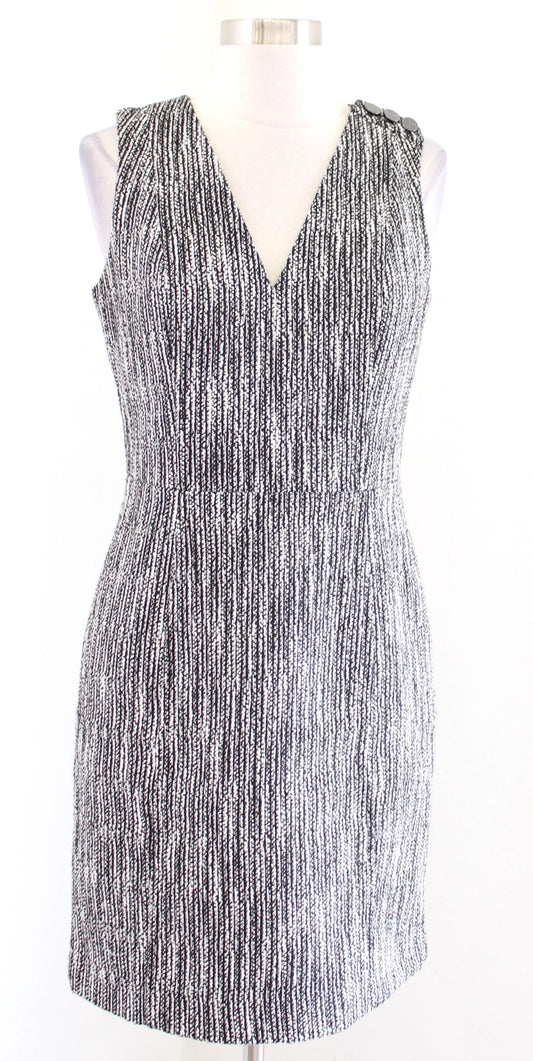 White House Black Market Static Tweed V Neck Sheath Dress Size 4 Button Accent