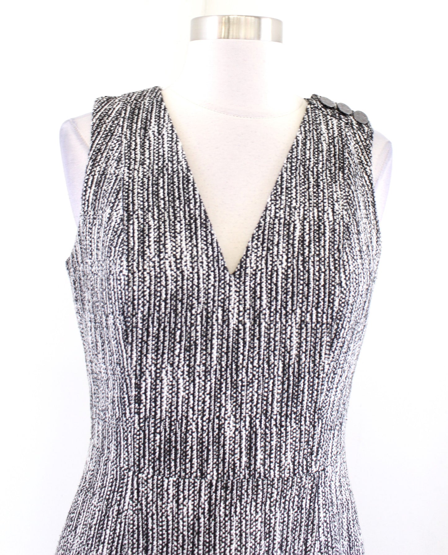 White House Black Market Static Tweed V Neck Sheath Dress Size 4 Button Accent