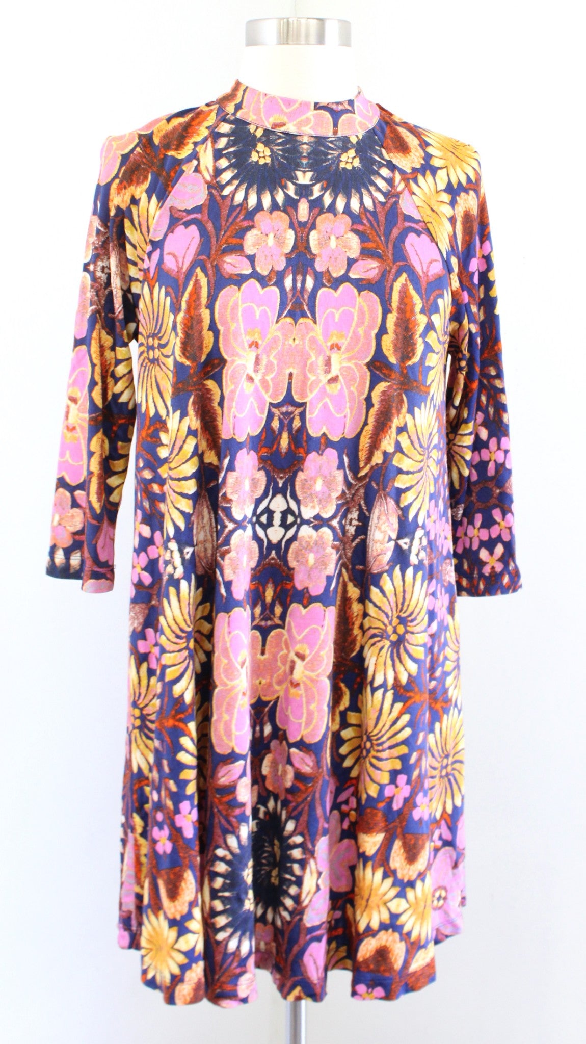 Free People Fiesta Floral Printed Mini Tunic Dress Size XS Keyhole Back Navy