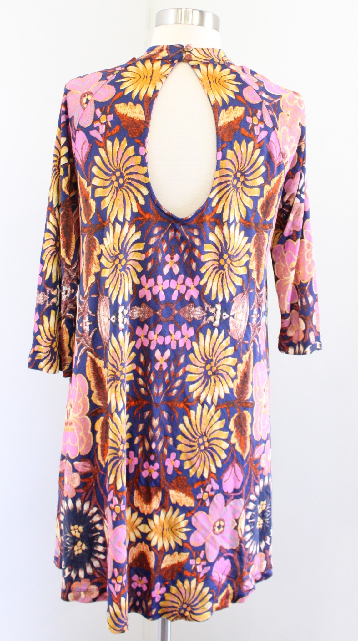 Free People Fiesta Floral Printed Mini Tunic Dress Size XS Keyhole Back Navy