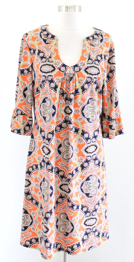 Jude Connally Orange Paisley Scarf Print Jude Cloth Dress Size XL Notch Neck