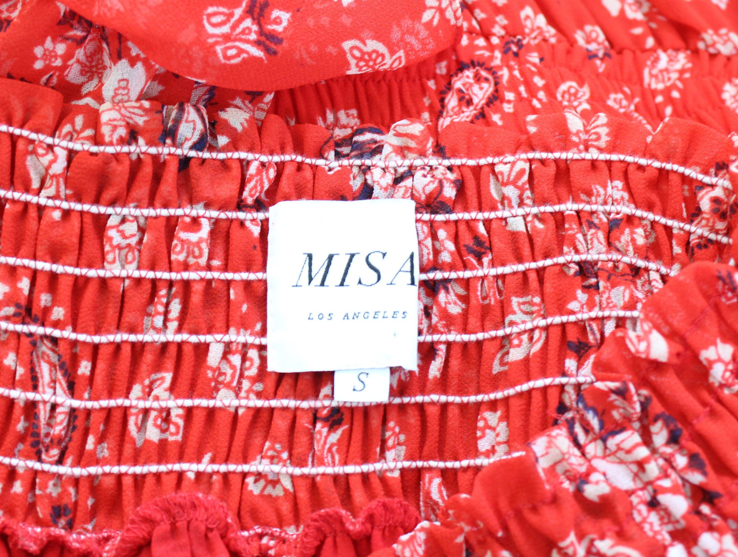 Misa Los Angeles Darla Red Paisley Print Smocked Off the Shoulder Mini Dress S
