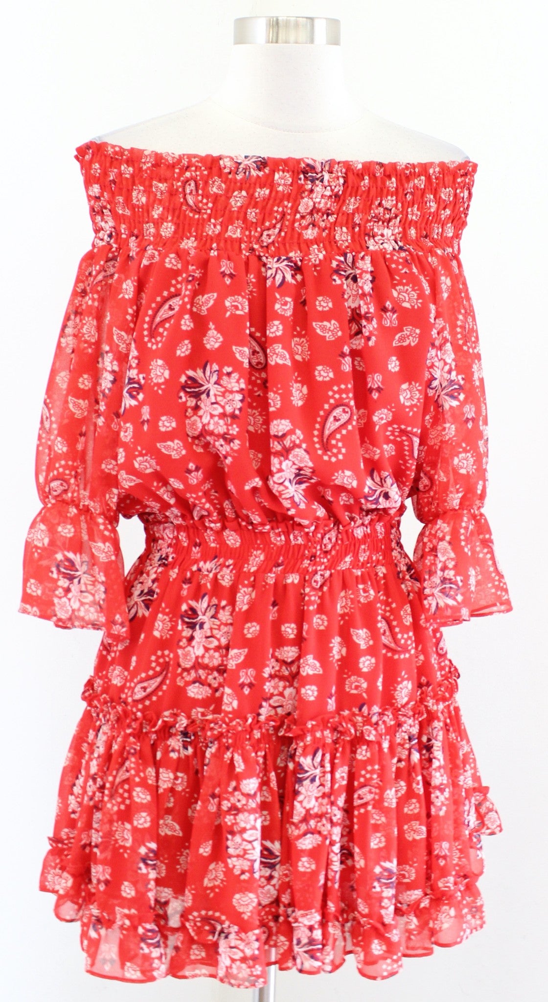 Misa Los Angeles Darla Red Paisley Print Smocked Off the Shoulder Mini Dress S