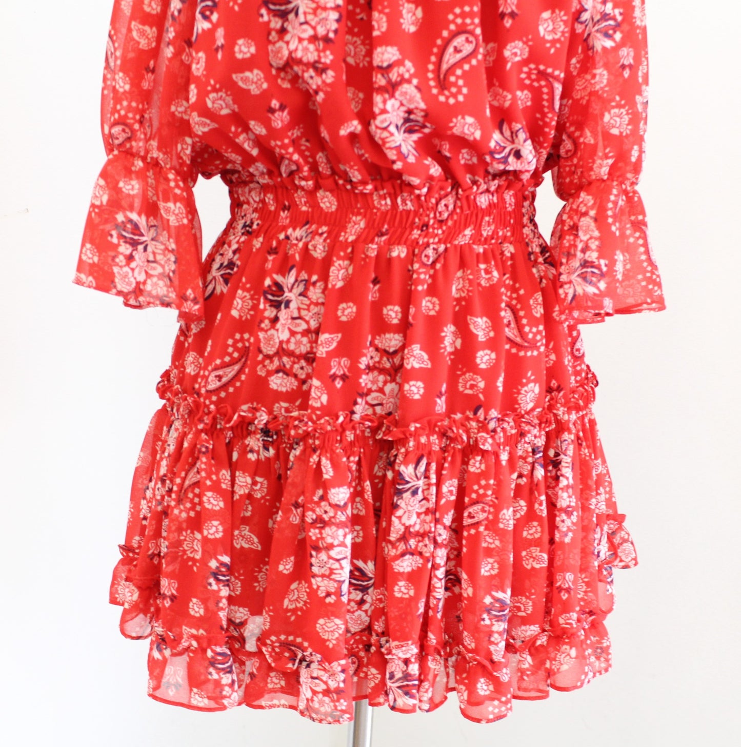 Misa Los Angeles Darla Red Paisley Print Smocked Off the Shoulder Mini Dress S
