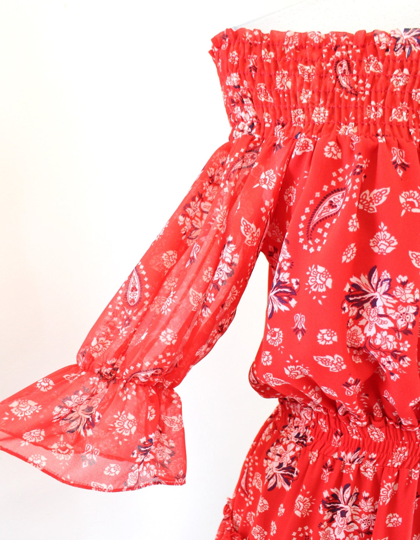 Misa Los Angeles Darla Red Paisley Print Smocked Off the Shoulder Mini Dress S