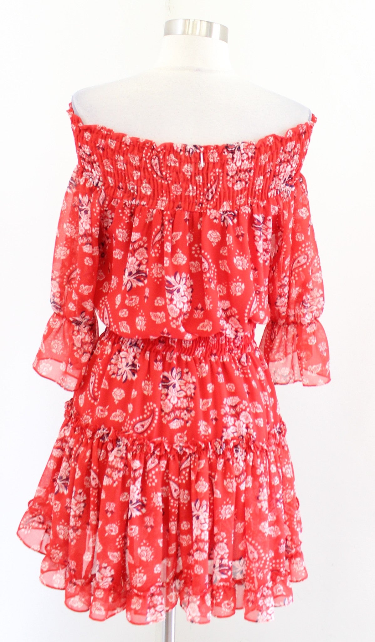 Misa Los Angeles Darla Red Paisley Print Smocked Off the Shoulder Mini Dress S