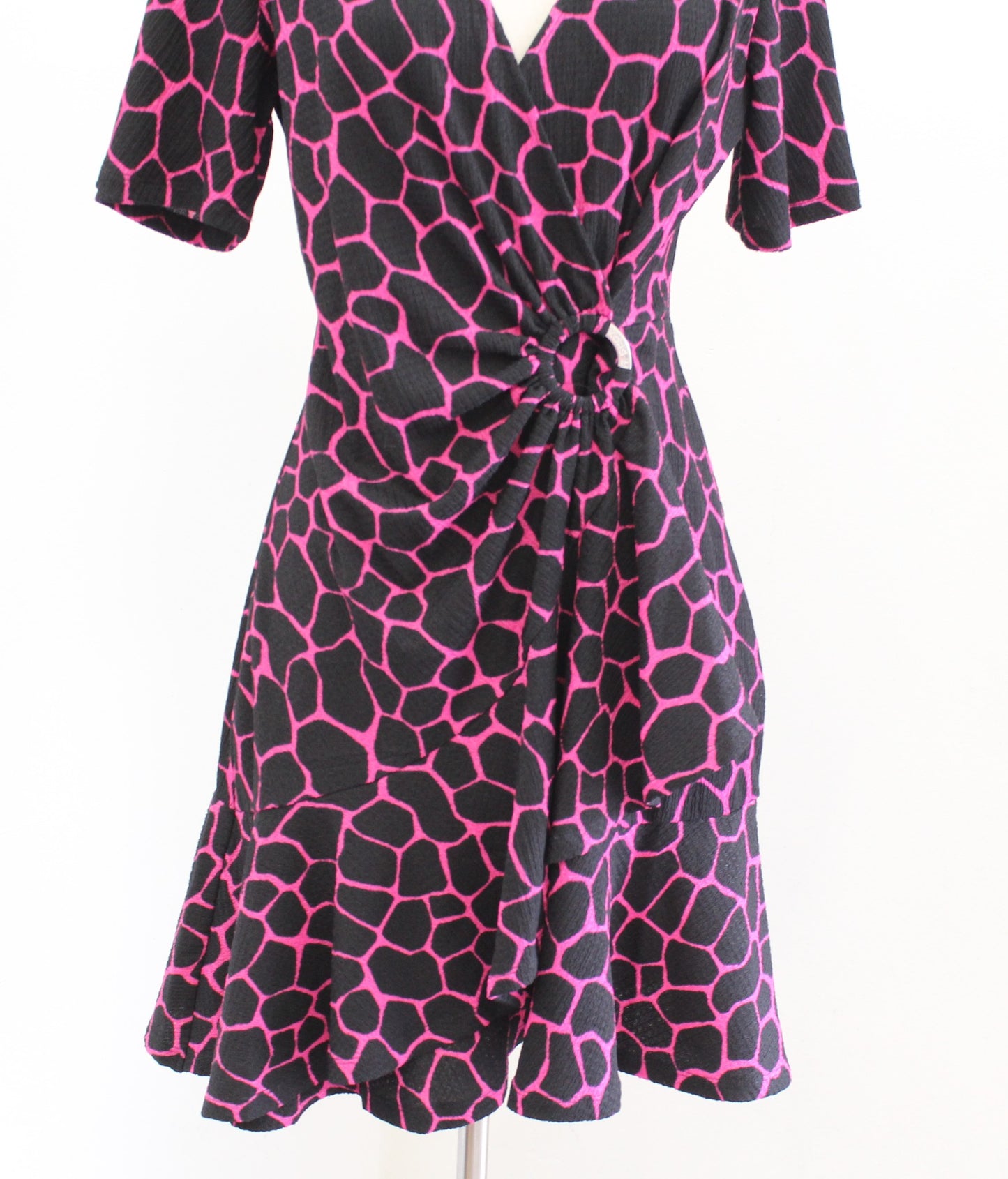 NWT Michael Kors Black Pink Ruffle Faux Wrap Dress Size S Giraffe Print Flounce
