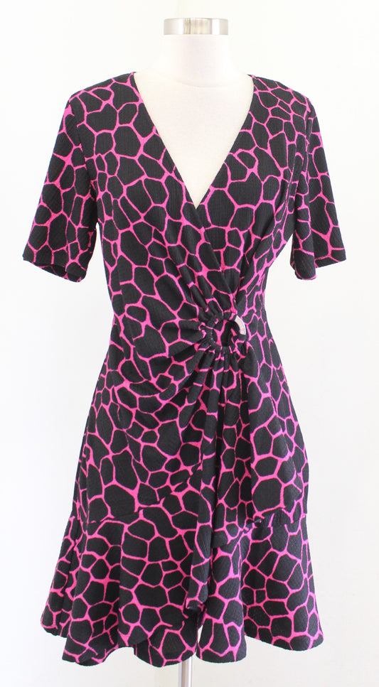 NWT Michael Kors Black Pink Ruffle Faux Wrap Dress Size S Giraffe Print Flounce