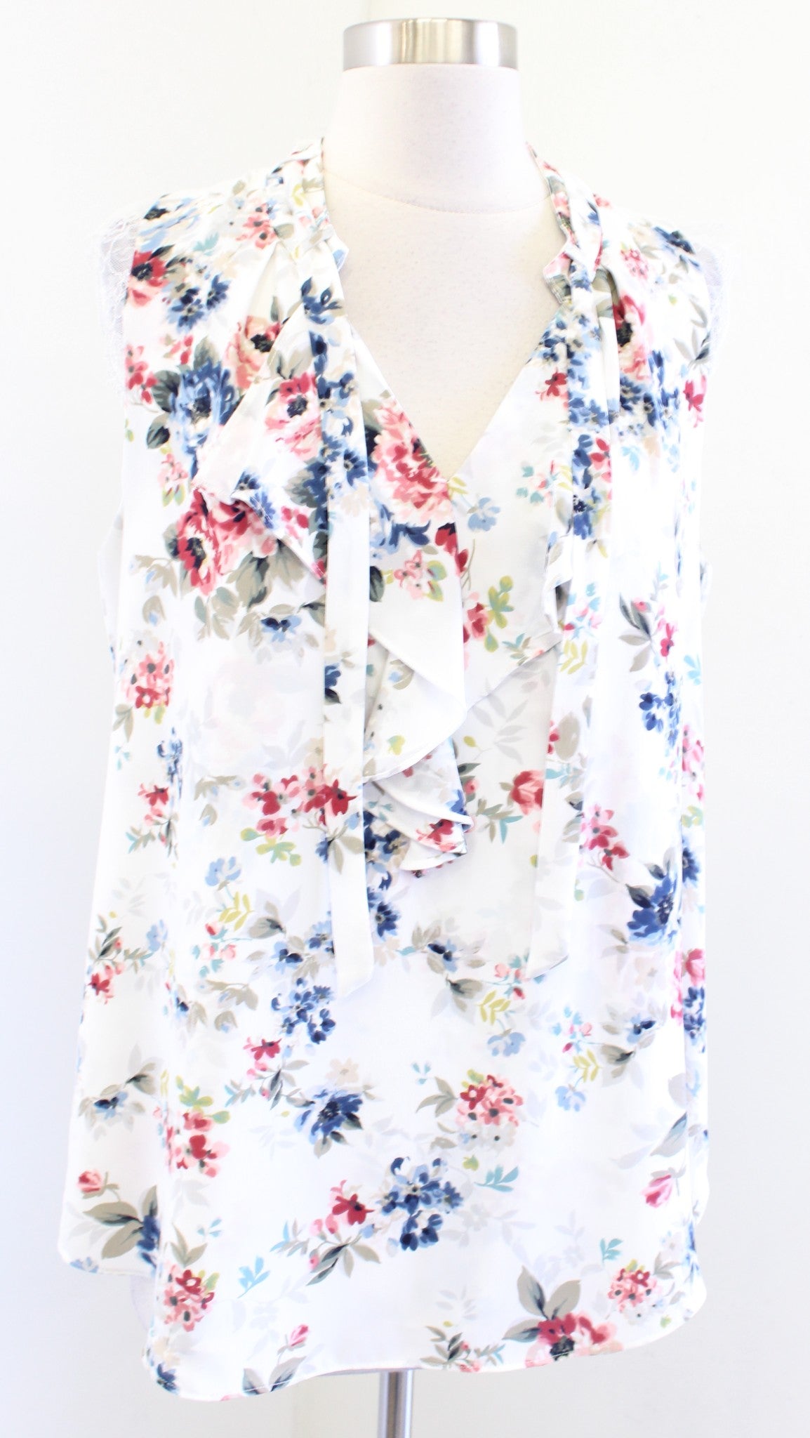 White House Black Market Floral Ruffle Tie Neck Lace Trim Shell Top Blouse Sz M