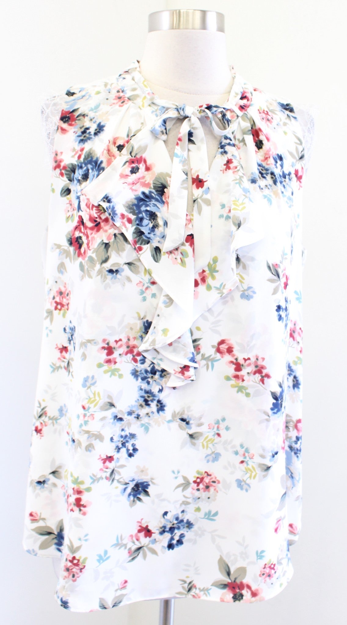 White House Black Market Floral Ruffle Tie Neck Lace Trim Shell Top Blouse Sz M