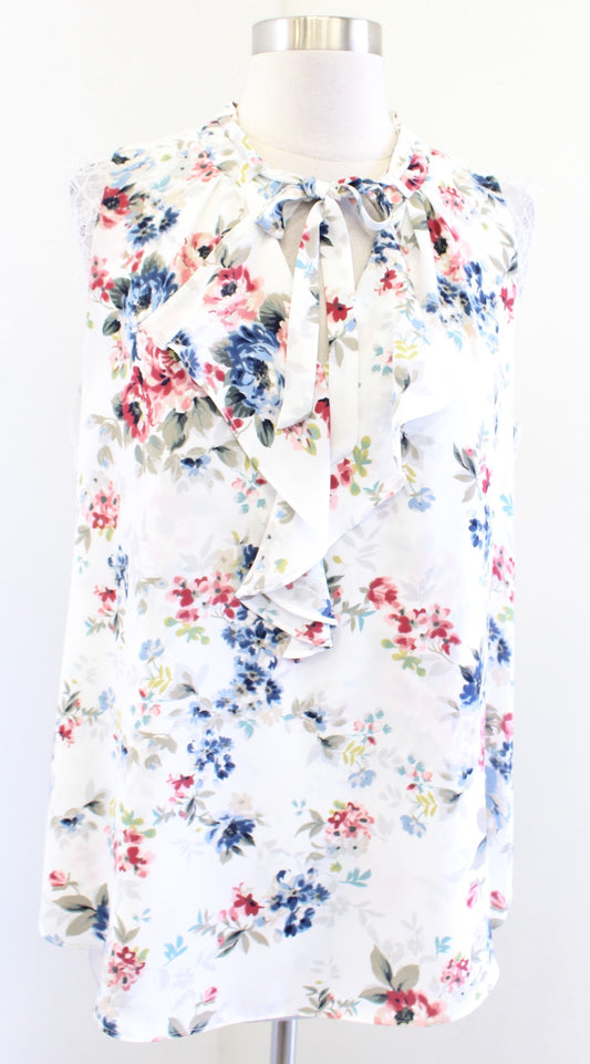 White House Black Market Floral Ruffle Tie Neck Lace Trim Shell Top Blouse Sz M