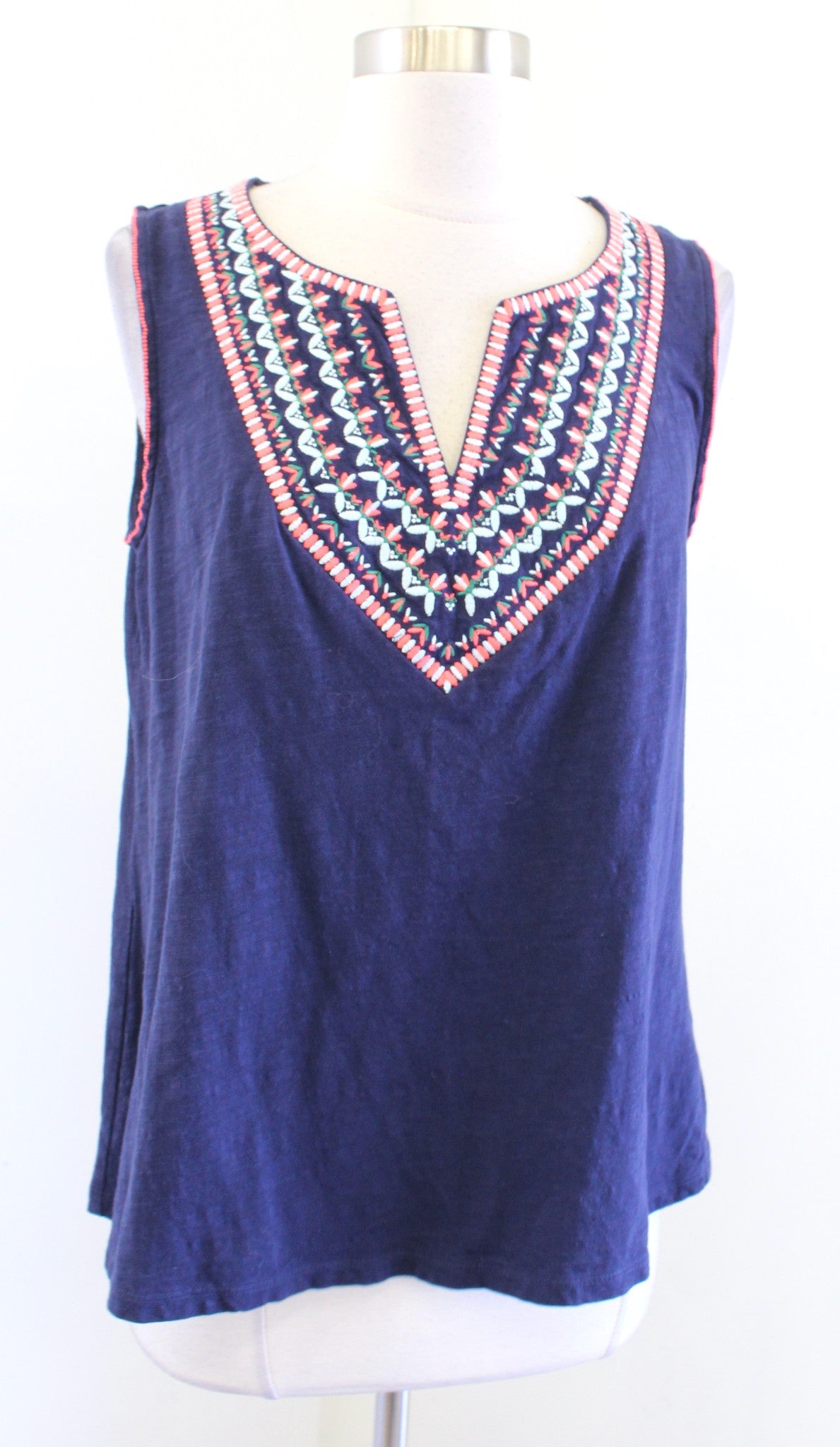 Boden Navy Blue Split Neck Embroidered Shell Tank Top Blouse Size US 8 Geometric