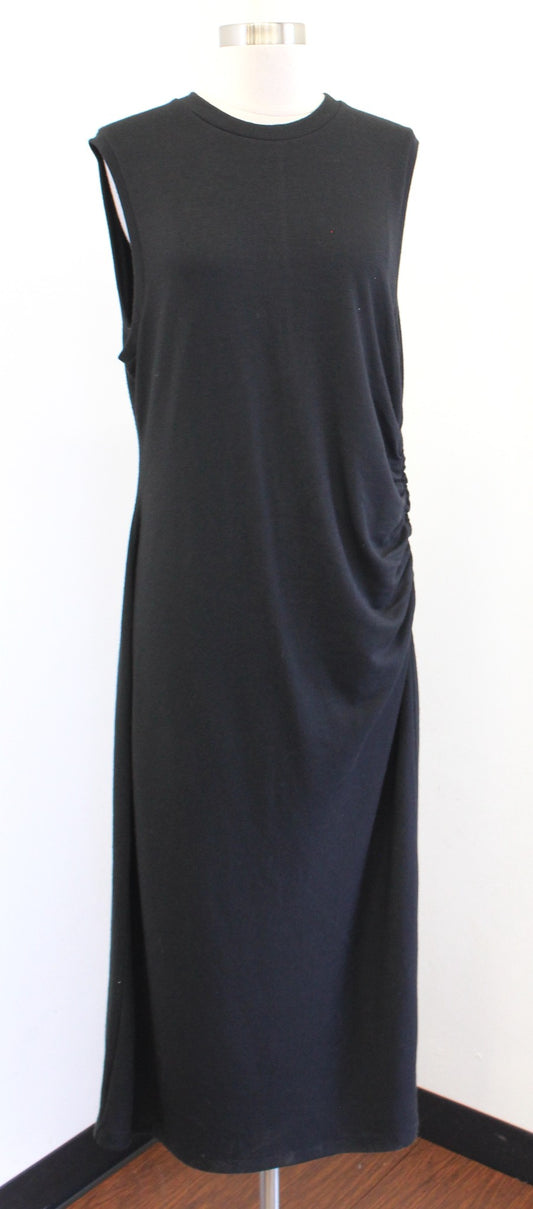 VINCE Womens Solid Black Gathered Ruched Waist Sleeveless Midi Dress Size XL