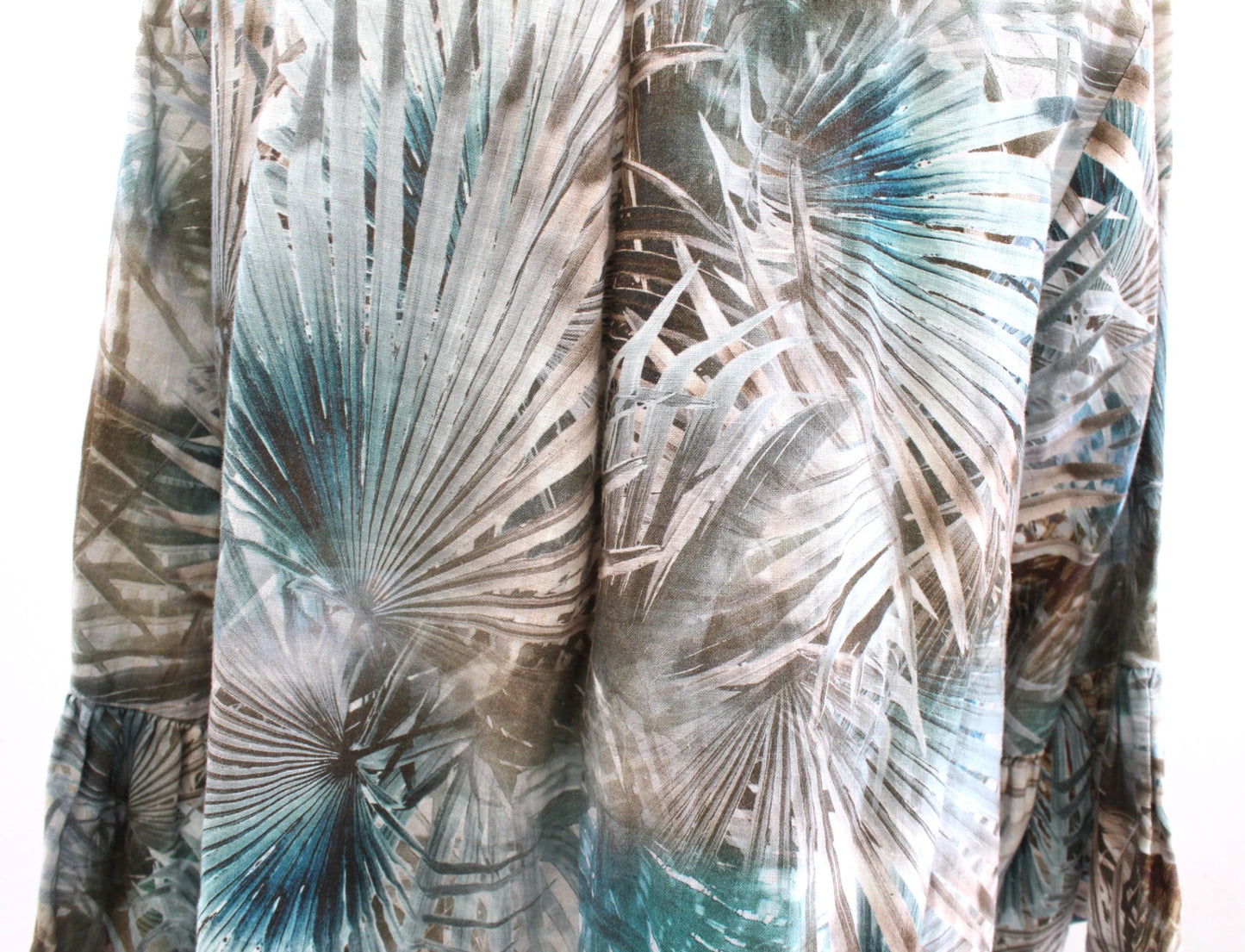 Bryn Walker 100% Linen Palm Leaf Floral Hi Lo Blouse Top Size S Blue-Green