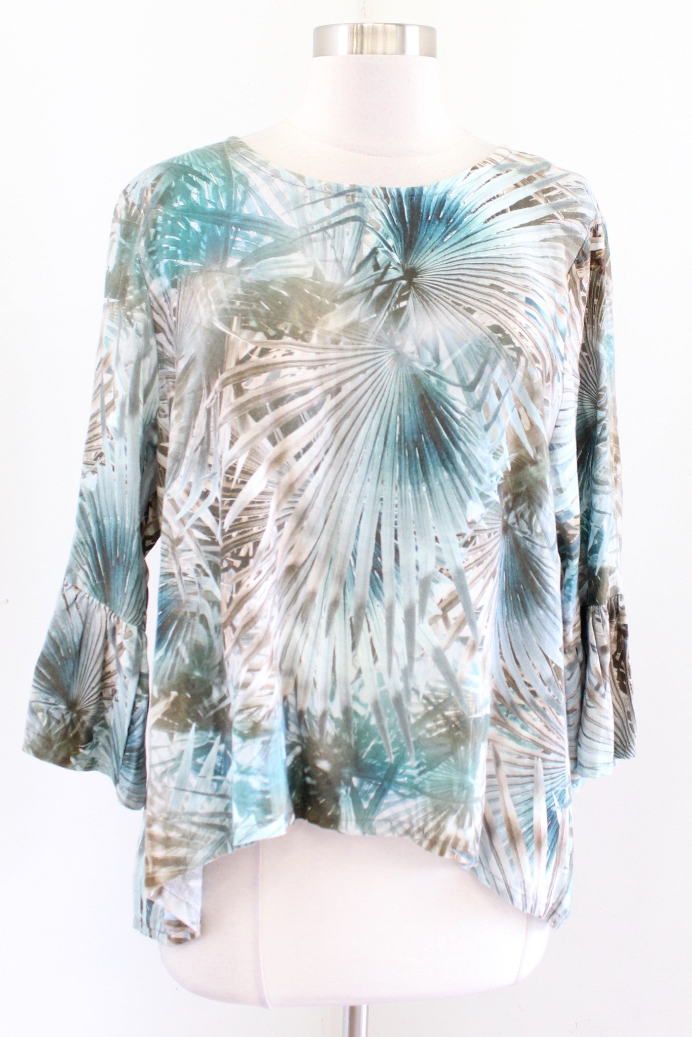 Bryn Walker 100% Linen Palm Leaf Floral Hi Lo Blouse Top Size S Blue-Green