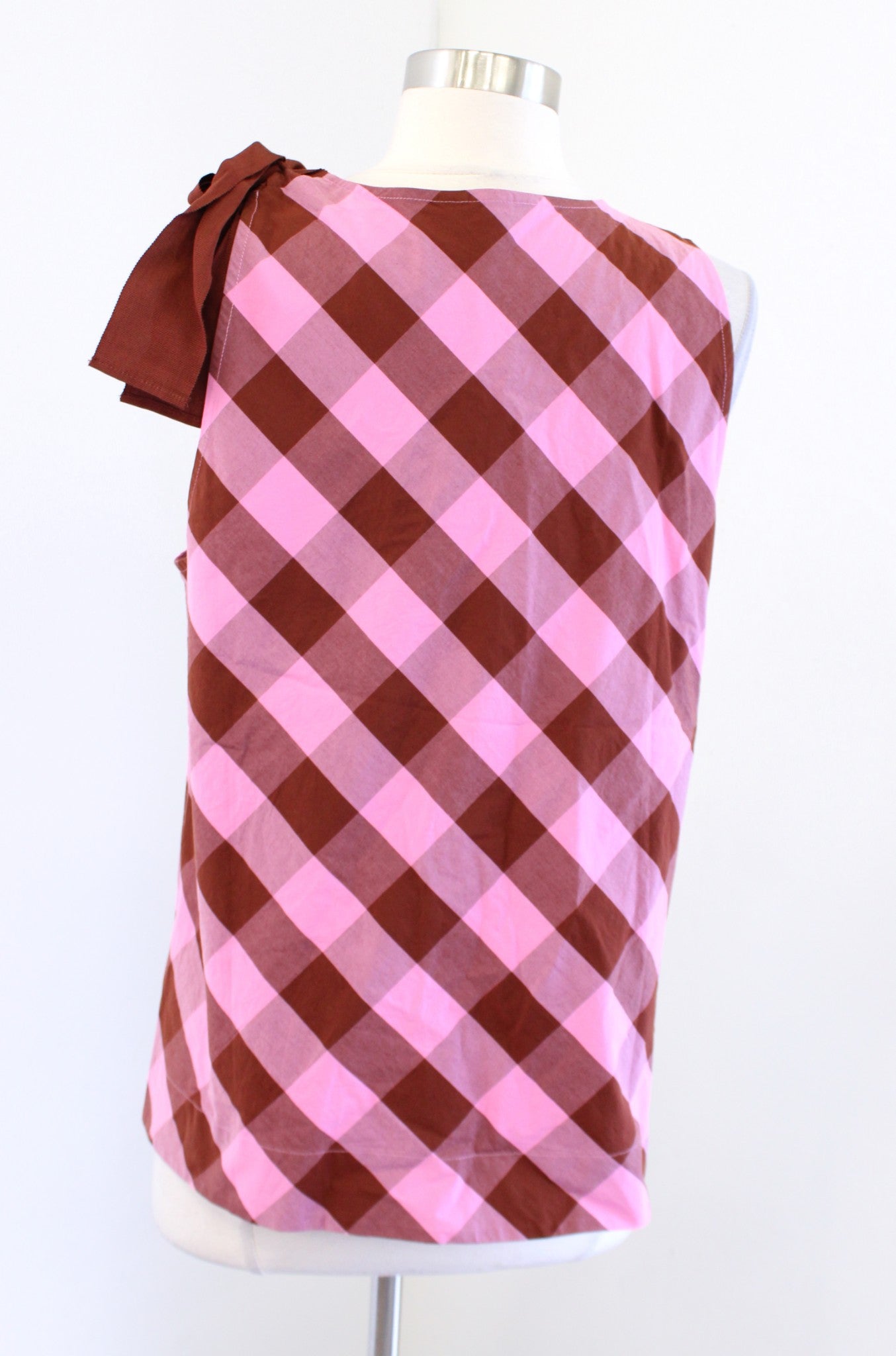 NWT J Crew Pink Brown Gingham Plaid Bow Tie Shoulder Tank Top Blouse Size 10