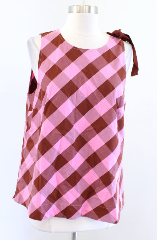 NWT J Crew Pink Brown Gingham Plaid Bow Tie Shoulder Tank Top Blouse Size 10