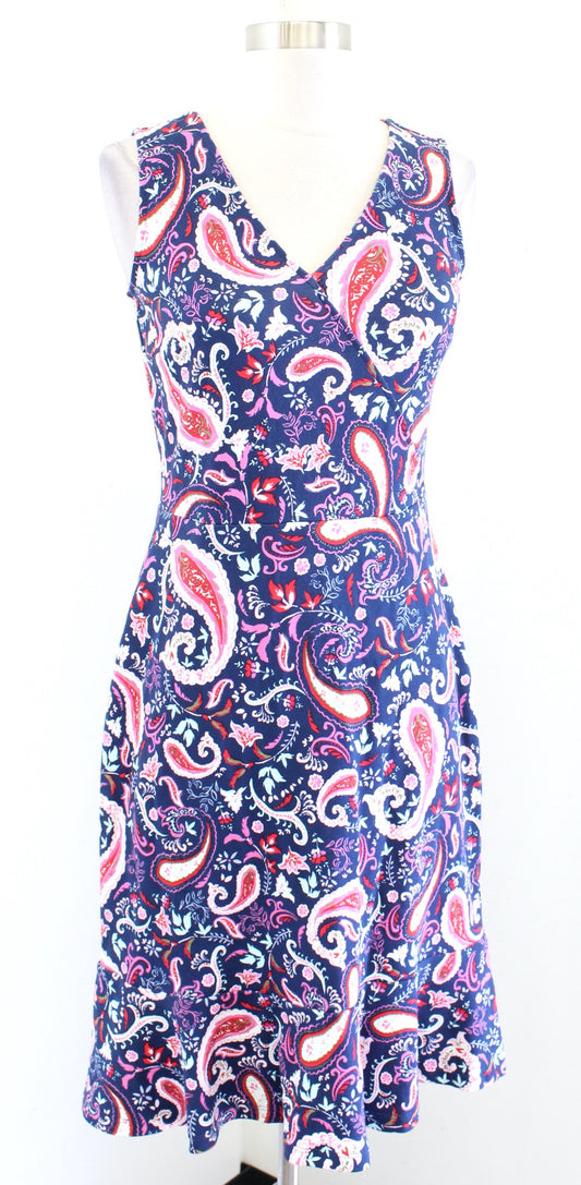 NWT Talbots Blue Watercolor Paisley Print Knit Flounce Hem Dress Size XS V Neck