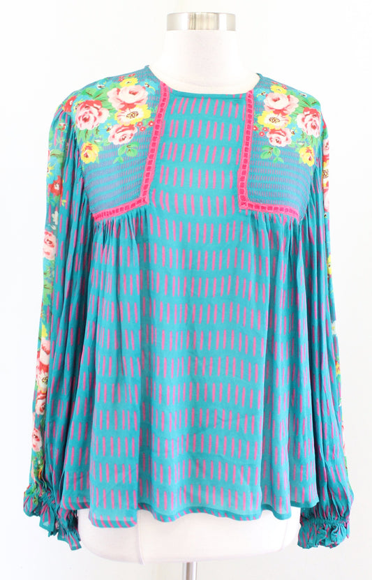 Blank London Bl^nk Anthropologie Miranda Floral Peasant Blouse Top Size S Blue