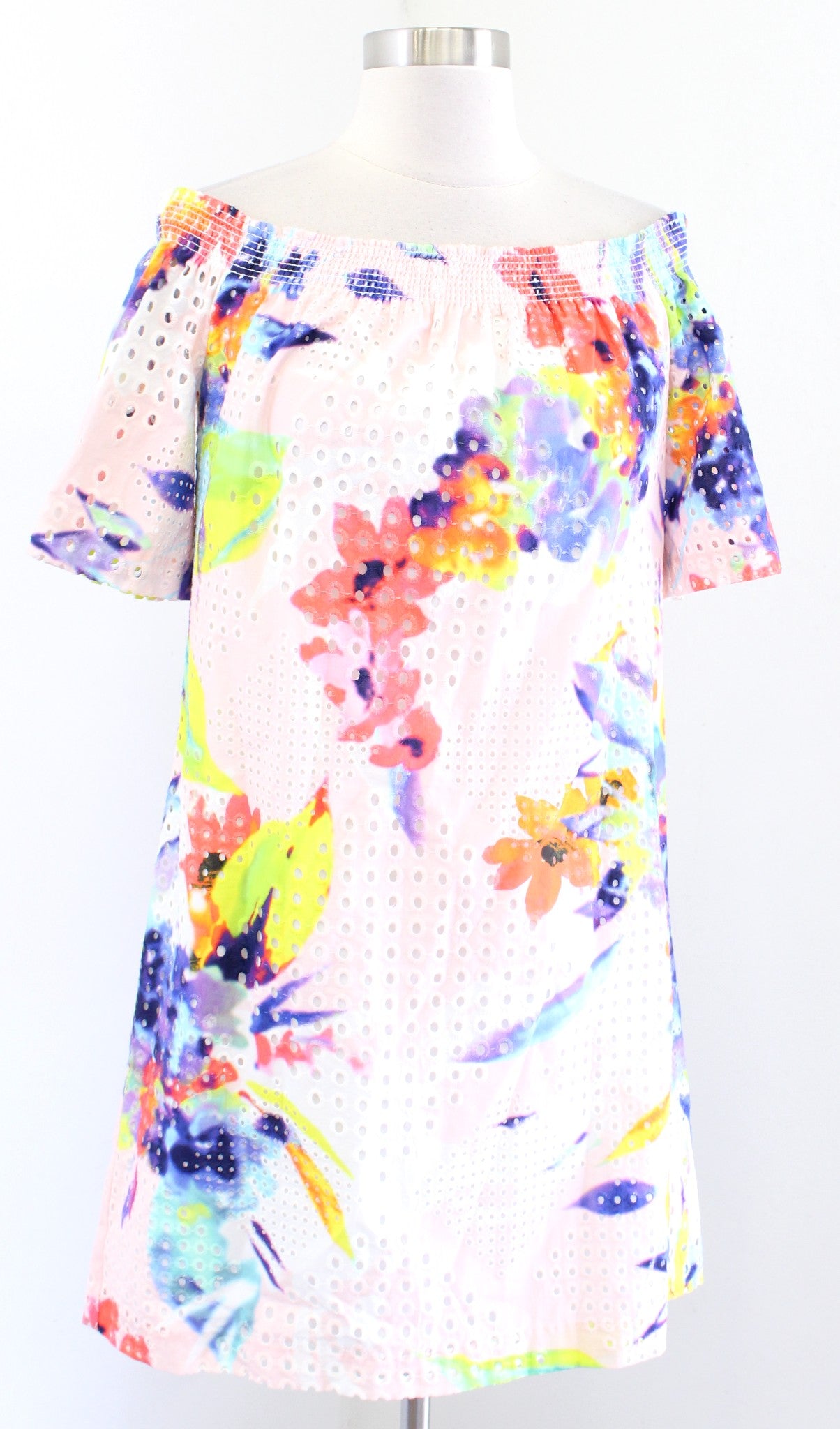 Trina Turk Savilla Abstract Floral Eylet Off the Shoulder Shift Dress Size S