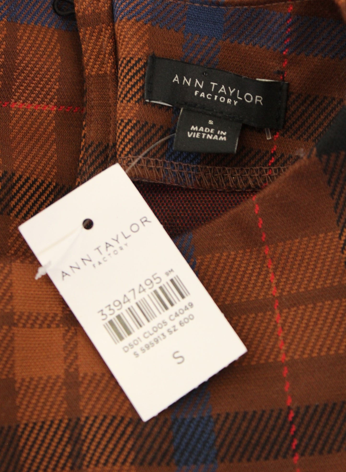 NWT Ann Taylor Plaid Mock Neck Tie Waist Top Blouse Size S Brown Blue Career