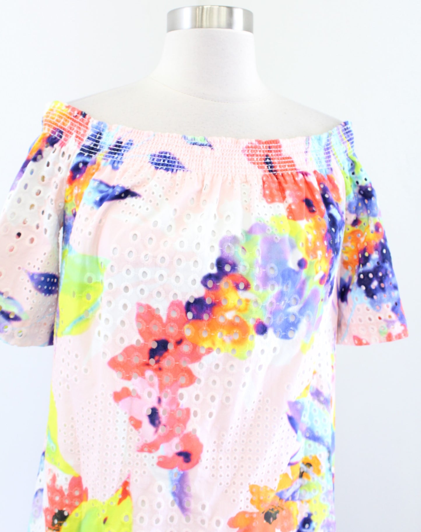 Trina Turk Savilla Abstract Floral Eylet Off the Shoulder Shift Dress Size S