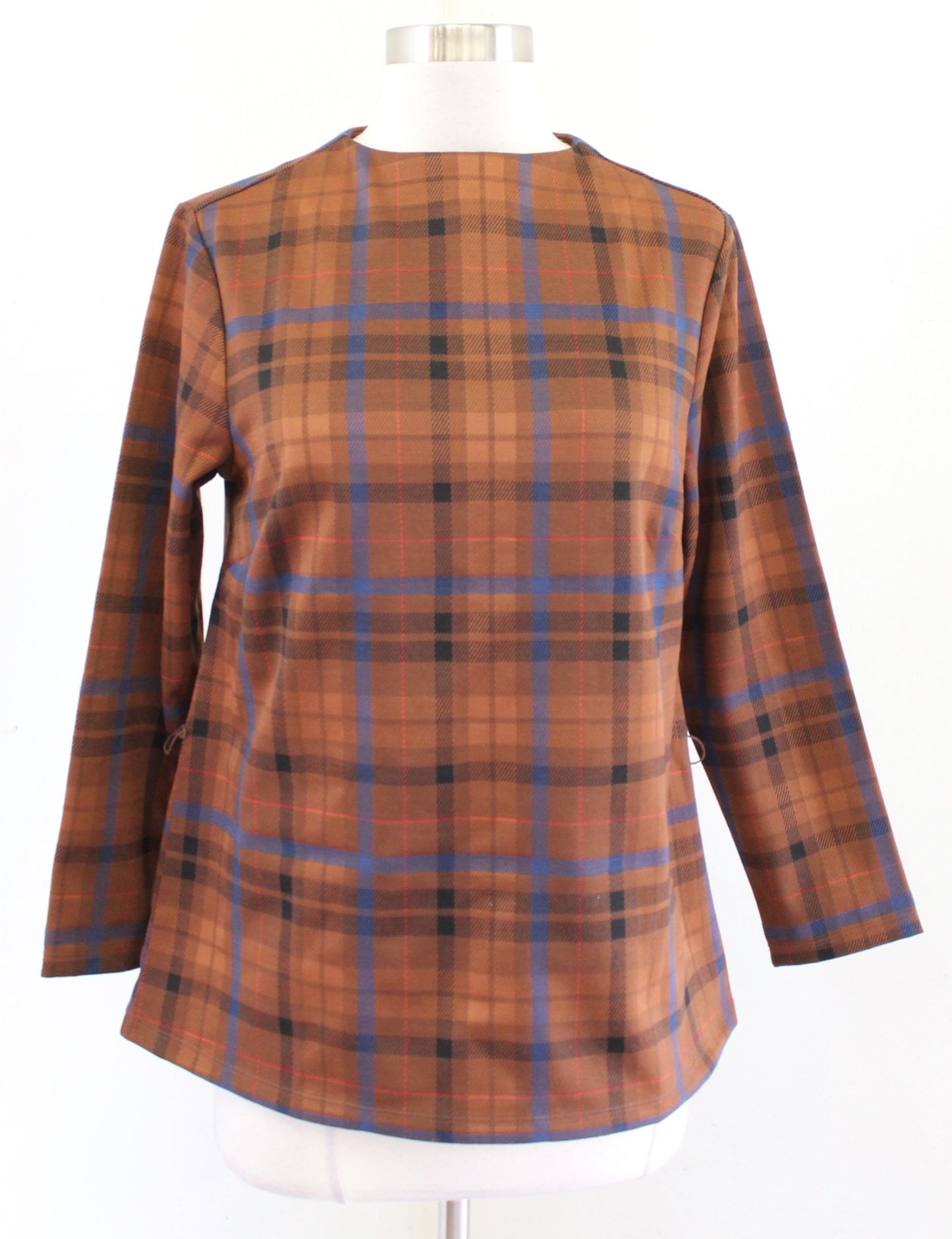 NWT Ann Taylor Plaid Mock Neck Tie Waist Top Blouse Size S Brown Blue Career