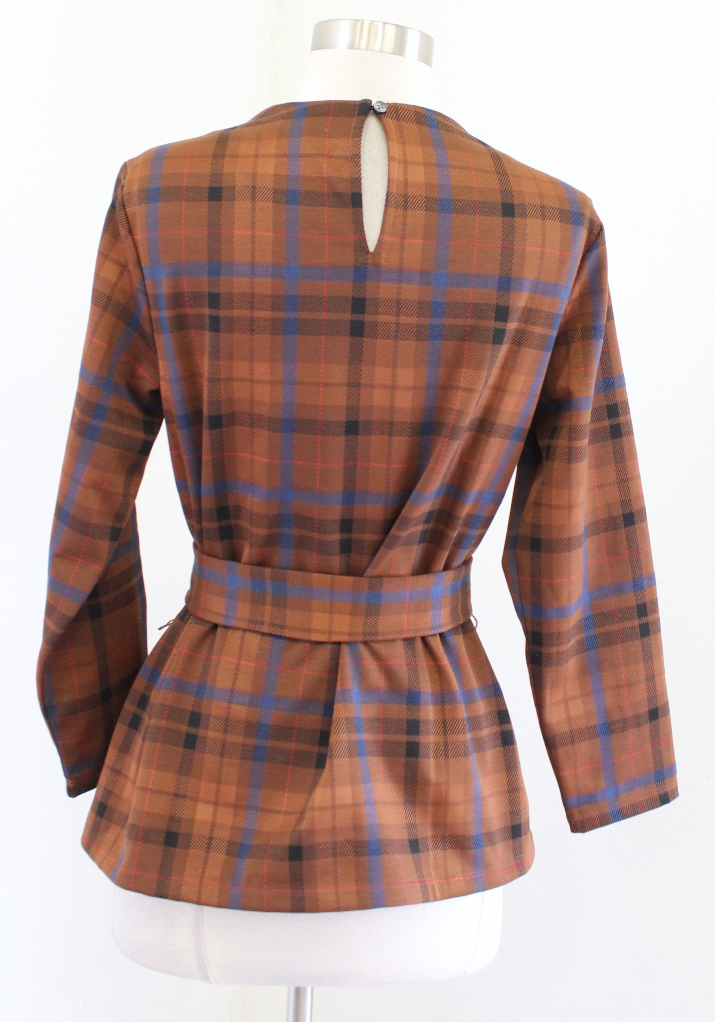 NWT Ann Taylor Plaid Mock Neck Tie Waist Top Blouse Size S Brown Blue Career