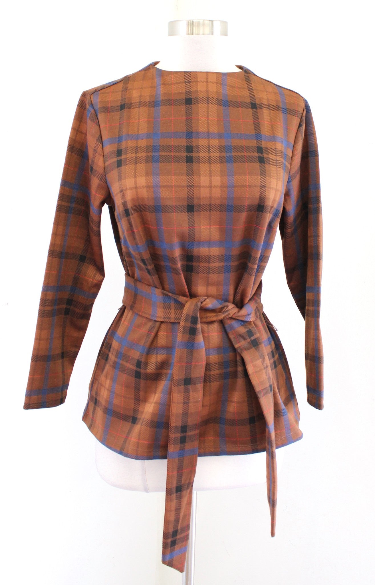 NWT Ann Taylor Plaid Mock Neck Tie Waist Top Blouse Size S Brown Blue Career