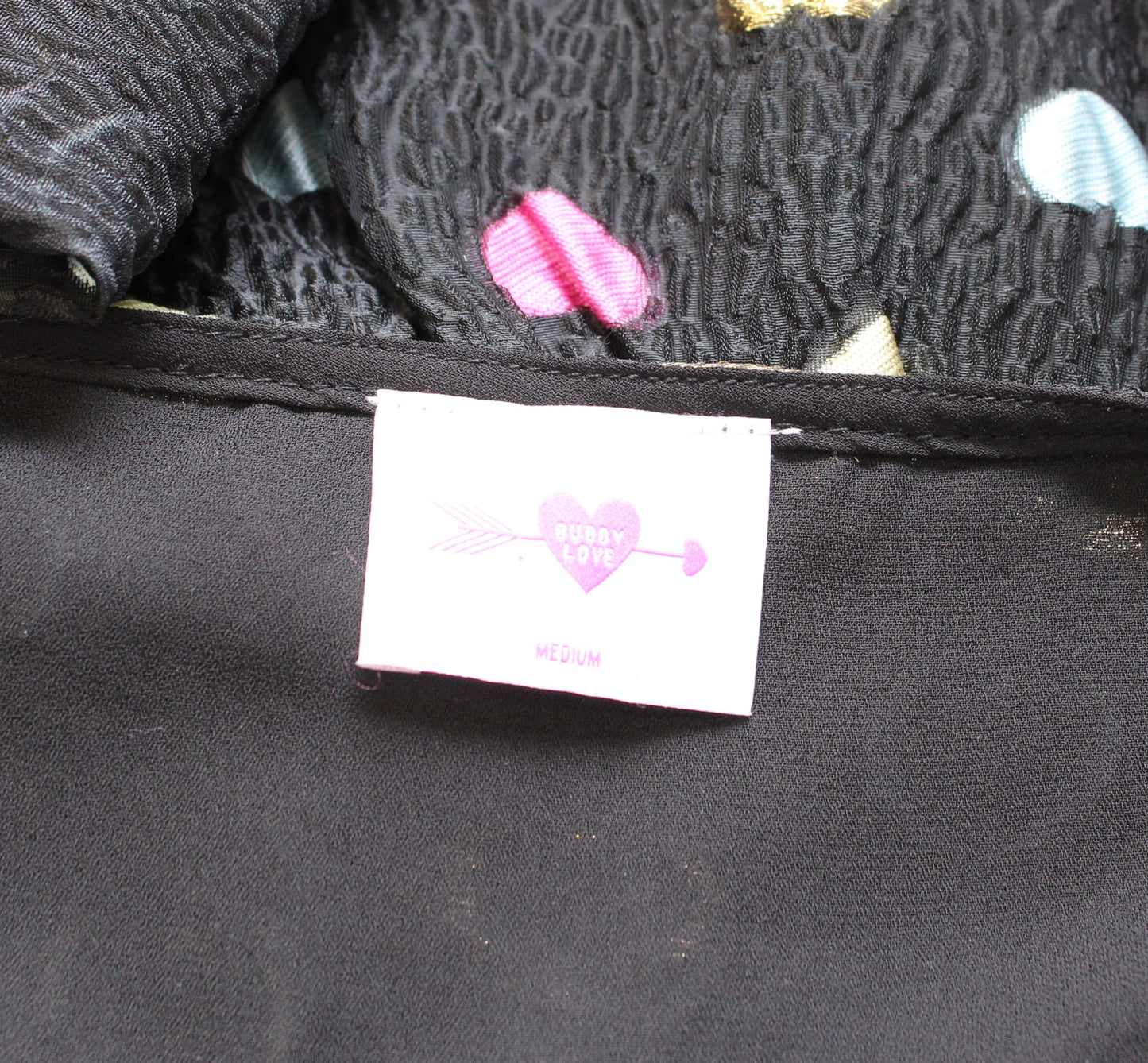 Buddy Love Norma Black Novelty Heart Print Ruffle Dress Size M Gold Pink Unique