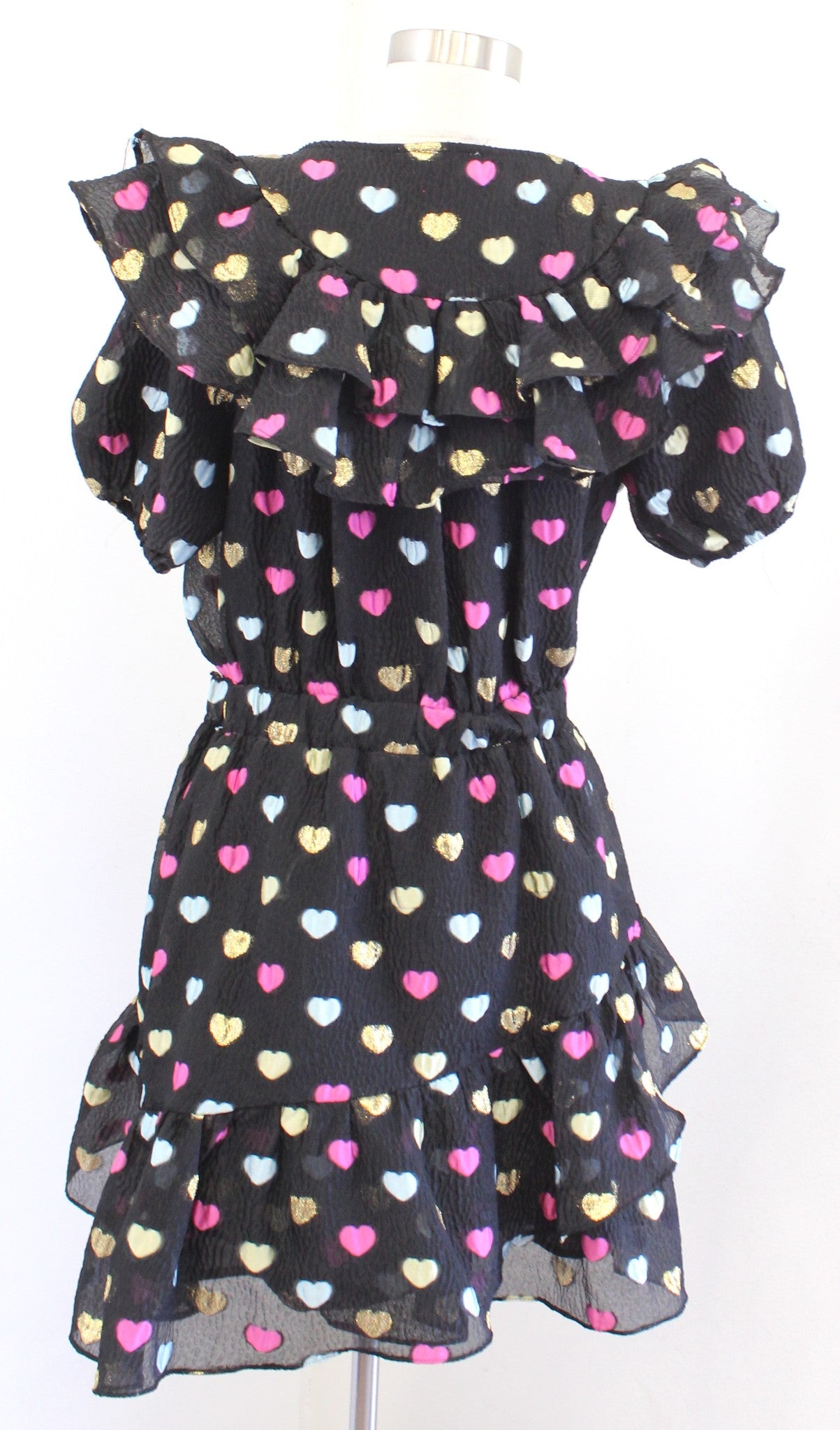 Buddy Love Norma Black Novelty Heart Print Ruffle Dress Size M Gold Pink Unique