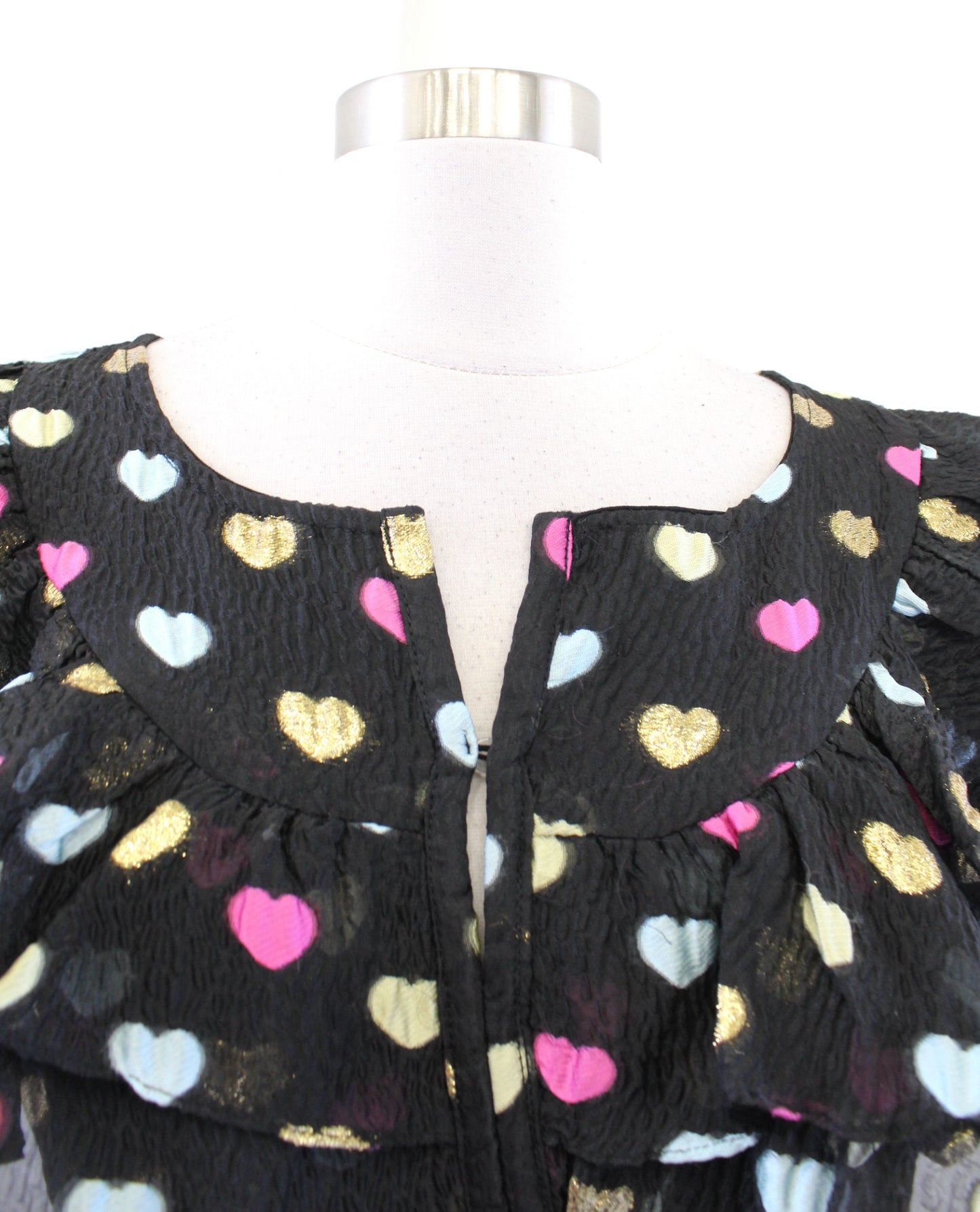 Buddy Love Norma Black Novelty Heart Print Ruffle Dress Size M Gold Pink Unique