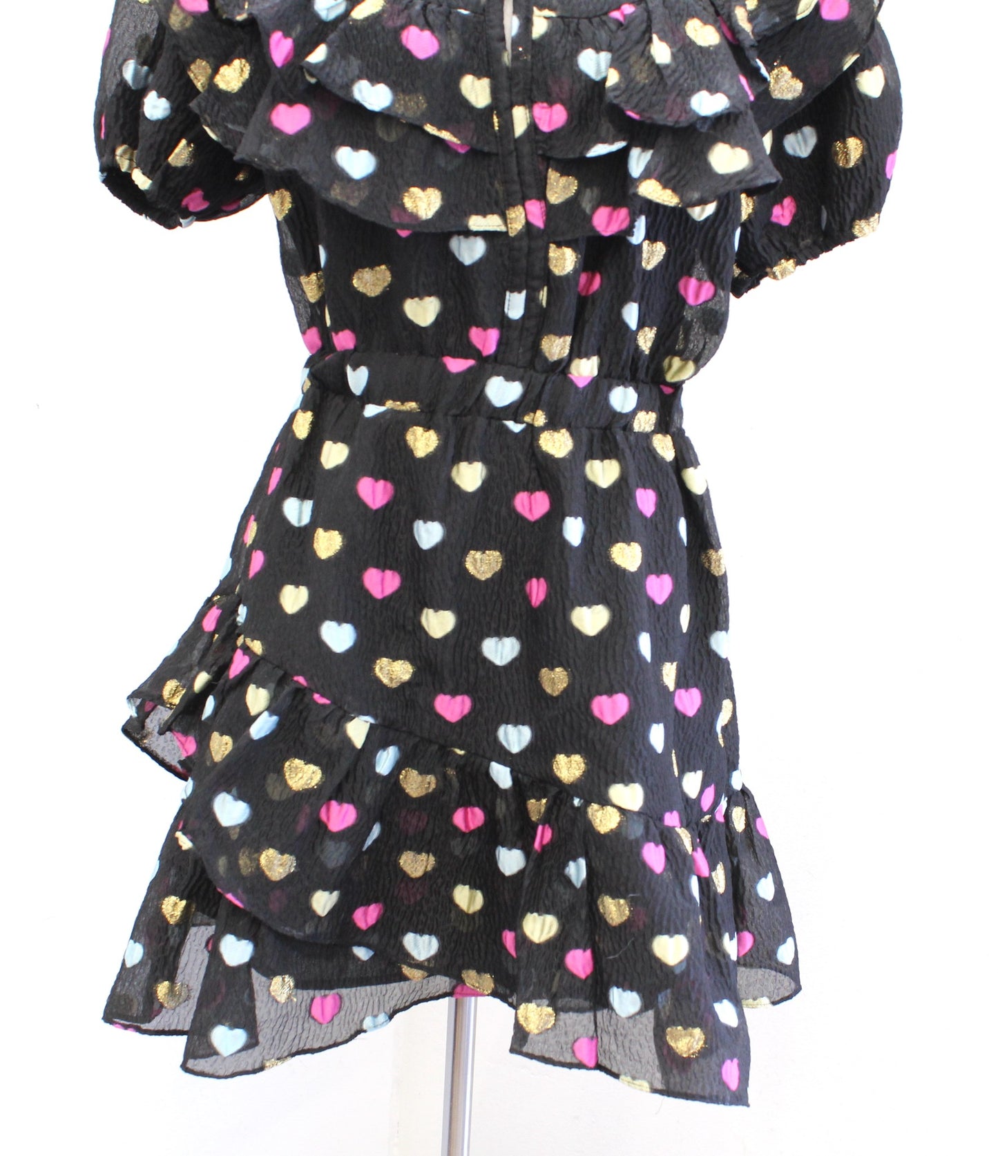 Buddy Love Norma Black Novelty Heart Print Ruffle Dress Size M Gold Pink Unique