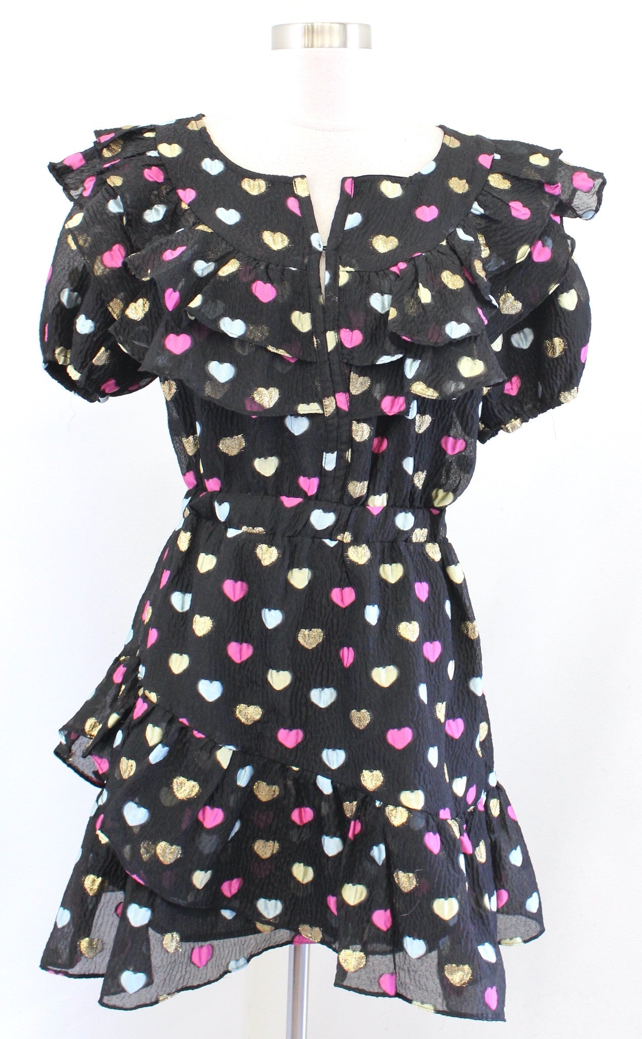 Buddy Love Norma Black Novelty Heart Print Ruffle Dress Size M Gold Pink Unique
