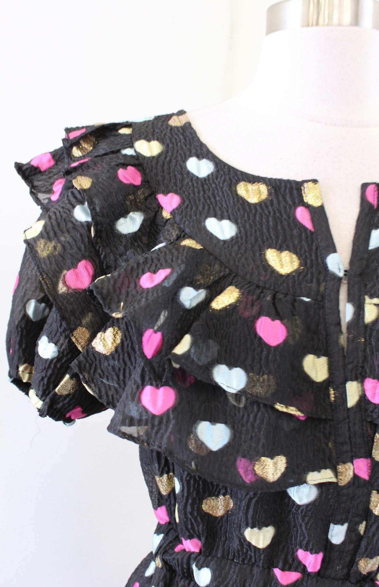 Buddy Love Norma Black Novelty Heart Print Ruffle Dress Size M Gold Pink Unique