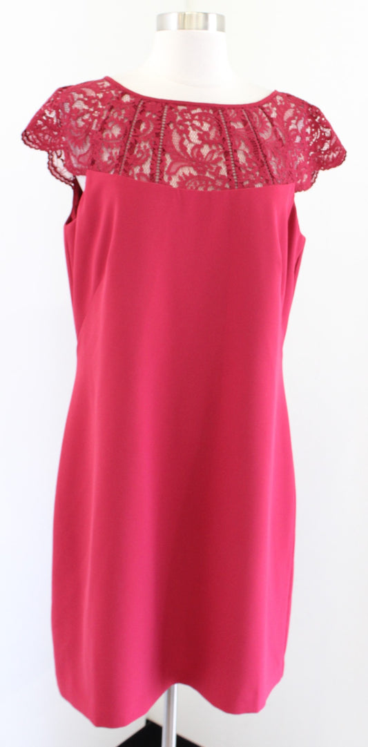 White House Black Market Red Lace Neckline Cap Sleeve Shift Dress Cocktail Sz 12