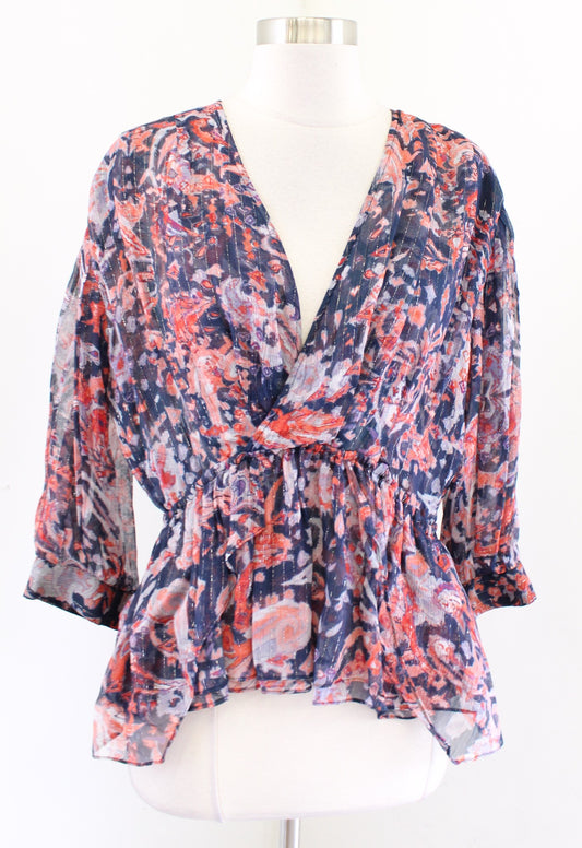 New IRO Saola Metallic Wrap Effect Peplum Top Blouse Size 40 Blue Paisley NWOT