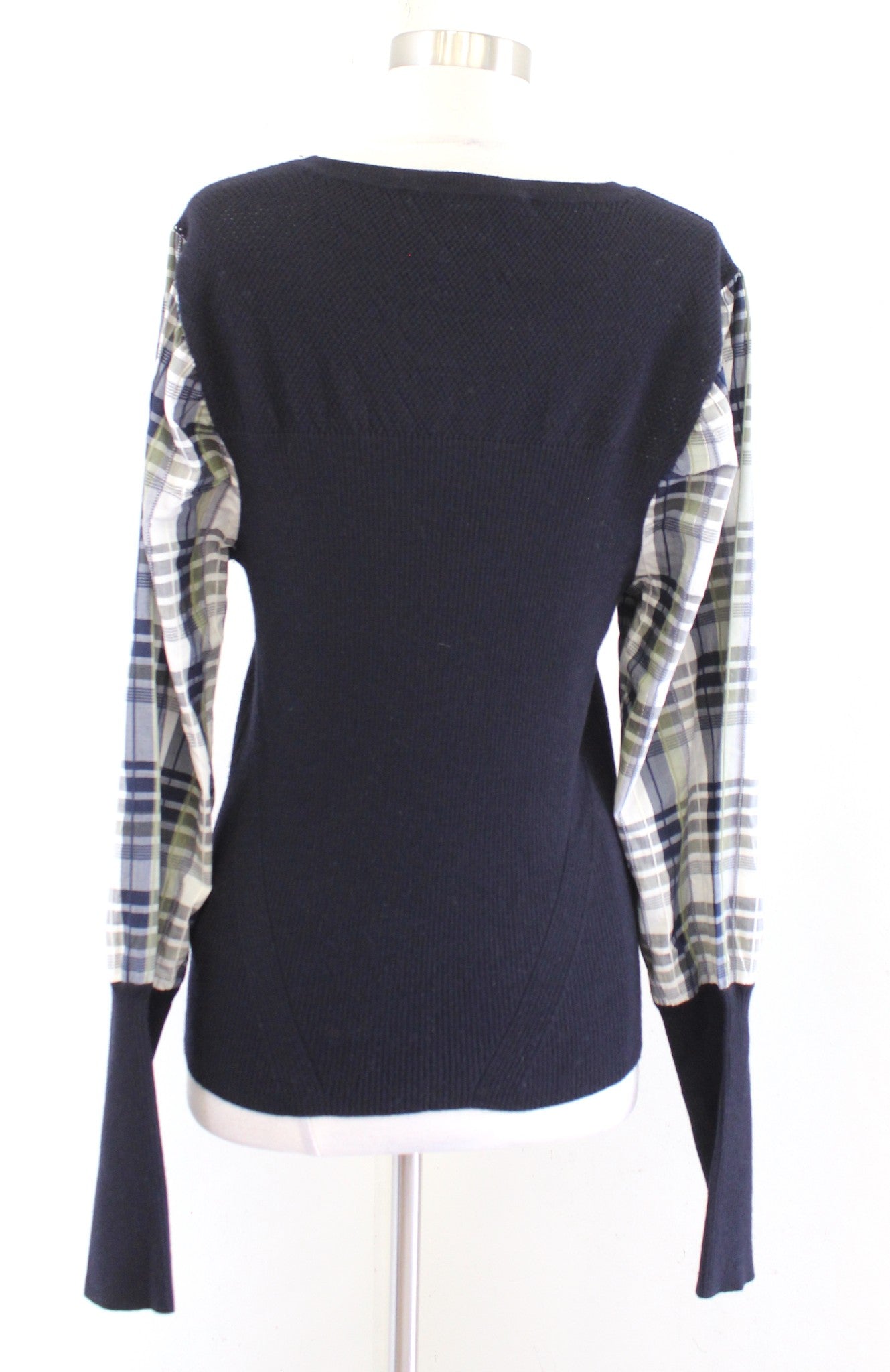 Veronica Beard Leila Plaid Puff Sleeve Ribbed Knit Sweater Top Size XL Wool