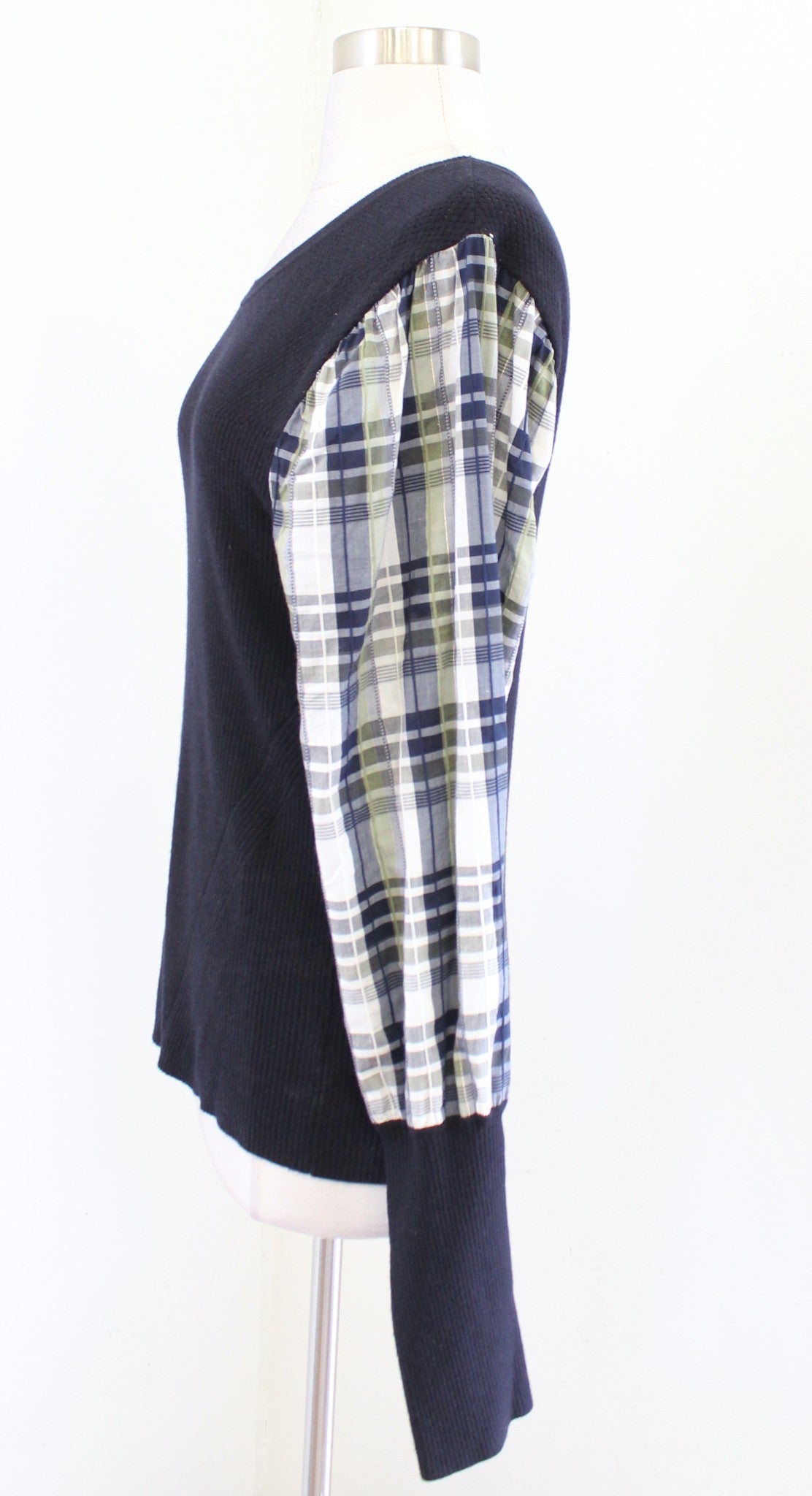 Veronica Beard Leila Plaid Puff Sleeve Ribbed Knit Sweater Top Size XL Wool